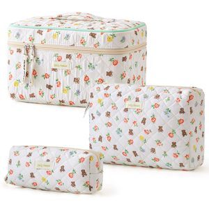 Quilted Makeup Bag, 3pcs Cotton Large Travel Makeup Bag, Cute Floral Coquette⭐️
